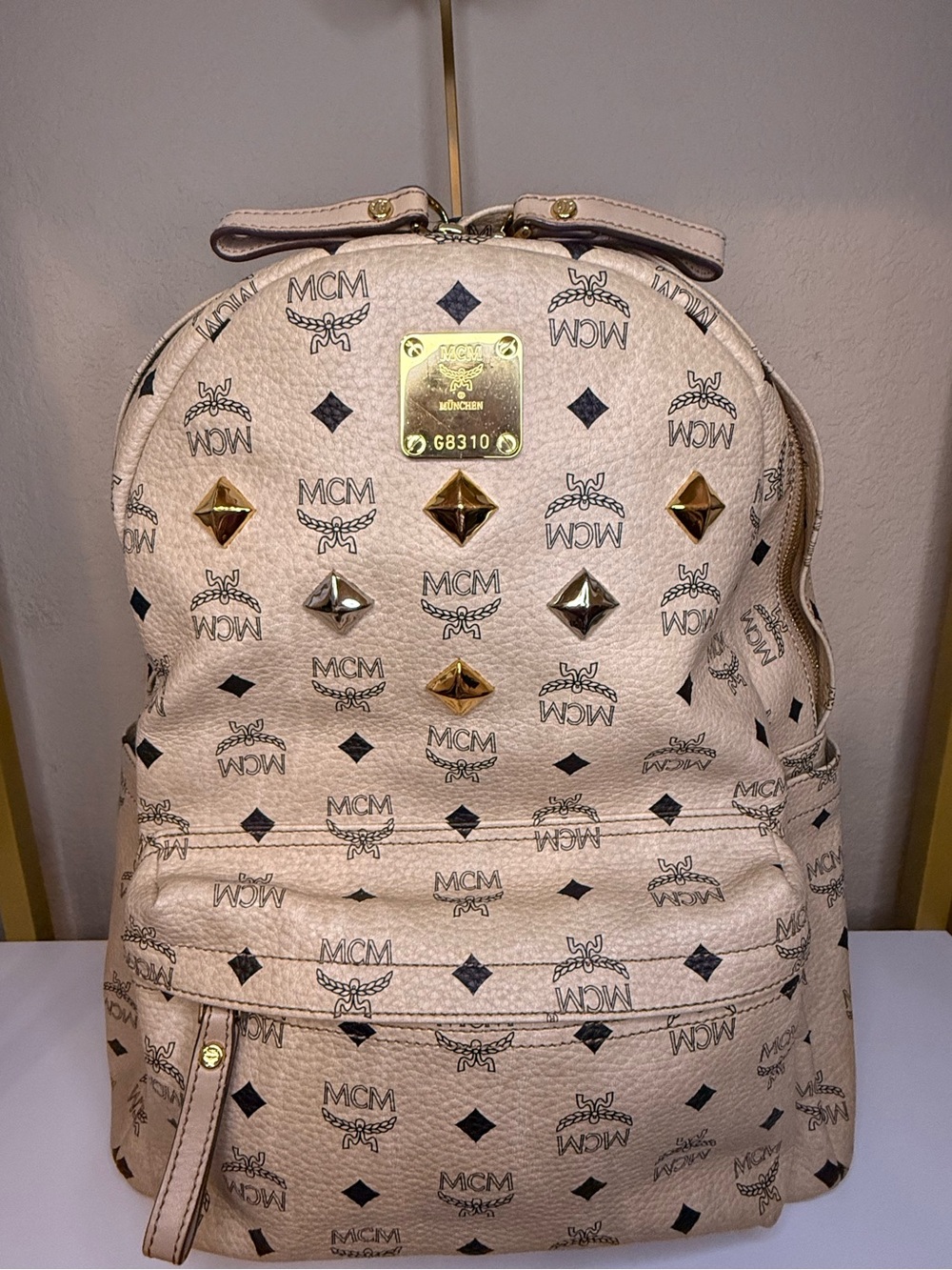 MCM Beige Visetos Logo Backpack with Gold Hardware